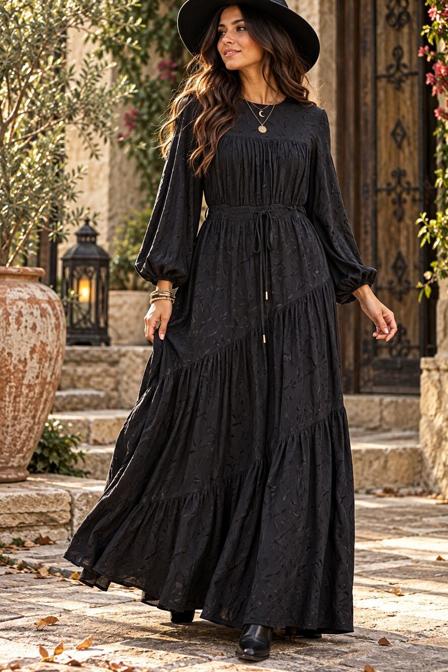 The Collective Escalon Maxi Dress XS Black Tiered Whimsigoth Boho Witchy